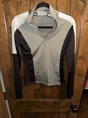 GESTUZ Quarter-Zip Long Sleeve Colorblock Top in Grey, Black & Cream